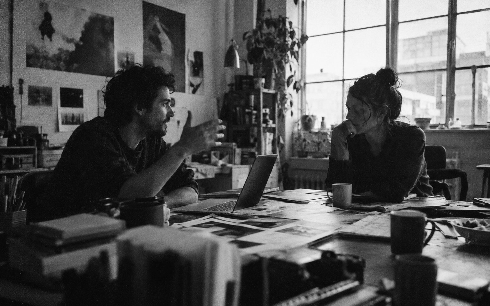 Two people in conversation across a cluttered studio table in window light